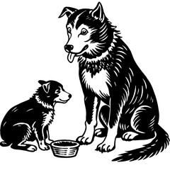 a baby dog and heh mother eating vector 