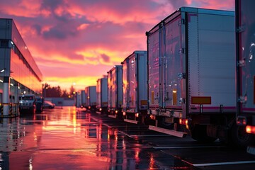 Delivery trucks lined up as the dawn breaks, the sky softening behind them, signaling the start of the delivery cycle