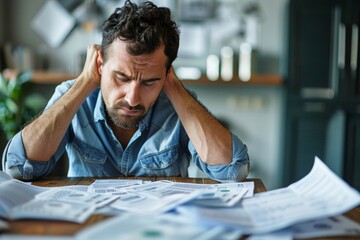 Close-up of a despairing adult facing financial documents - obrazy, fototapety, plakaty