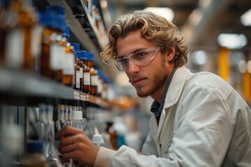 Focused Scientist In Protective Gear Examining Chemicals In Laboratory