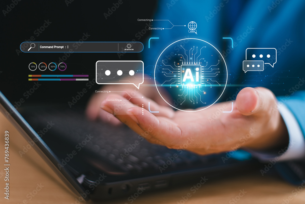 Poster ai tech help business concept. businessman connect robot chat ai, command prompt generates futuristi