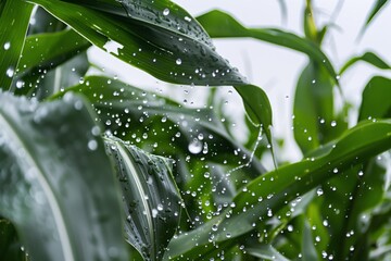 raindrops splashing on green corn leaves