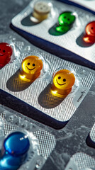 A collection of colorful pills with smiling faces on them. The pills are arranged in a row, with some of them being green, yellow, and red. Scene is cheerful and lighthearted
