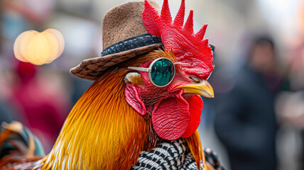 A rooster wearing a hat and glasses is standing in front of a crowd of people. The crowd is watching the rooster as it poses for the camera - obrazy, fototapety, plakaty
