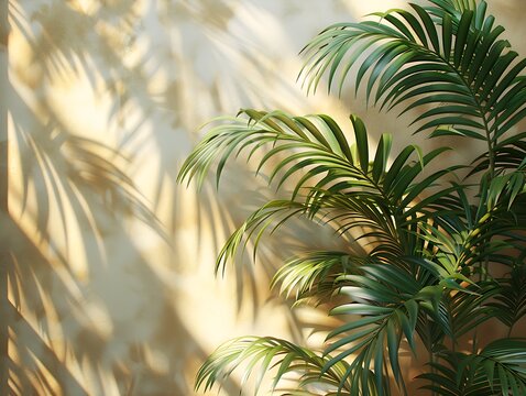Sunny room with palm trees on light cream-colored walls