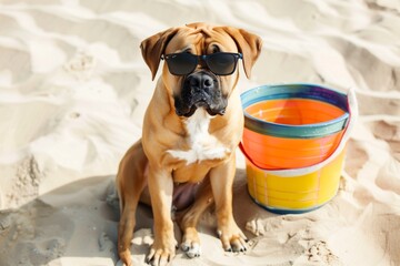 mastiff with classic black sunglasses and beach bucket - obrazy, fototapety, plakaty