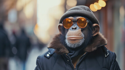 A monkey wearing sunglasses and a hat is standing in front of a building. The scene is set in a city, with people walking around in the background. The monkey's outfit and accessories give it a quirky - obrazy, fototapety, plakaty