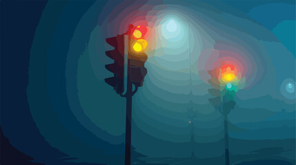Traffic lights at night in dense fog.. Flat vector 