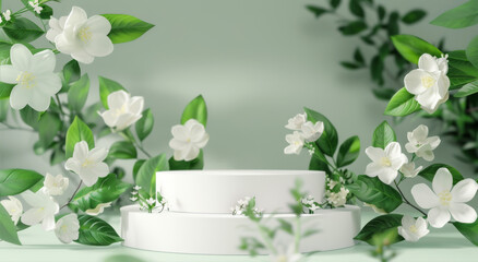 Empty Podium for Product Placement: Green Background with Jasmine Flowers and Leaves