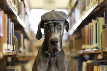 great dane in a cap, standing in a library aisle - obrazy, fototapety, plakaty