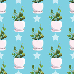 Seamless pattern with colorful houseplant in pot. Vector endless background with cute plant in flowerpot