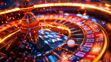 Spinning Roulette Wheel in Casino with Lights. - obrazy, fototapety, plakaty