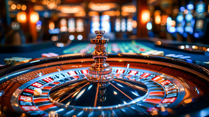 Spinning Roulette Wheel in Casino with Lights. - obrazy, fototapety, plakaty