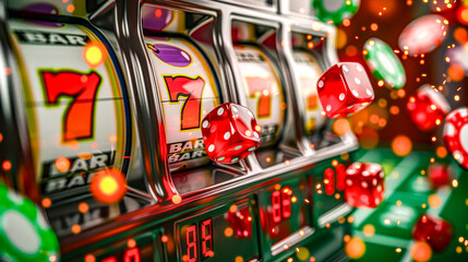 Slot Machine Hitting Lucky Sevens with Sparks. - obrazy, fototapety, plakaty