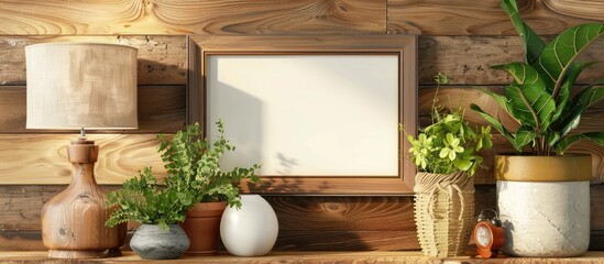 Decorative picture frame, plants, and lamp on textured wooden background. 