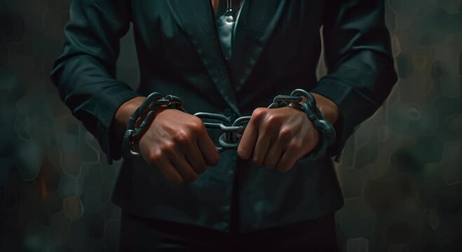 A businesswoman s hands, tightly shackled, slowly pulling apart to symbolize resistance and freedom