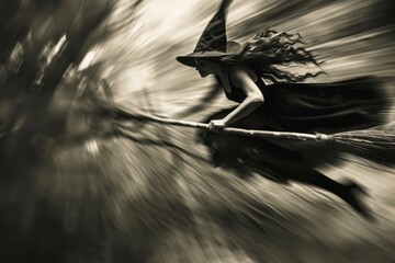The dramatic movement of a witch on a broomstick her form elongated and exaggerated to convey her speed - obrazy, fototapety, plakaty