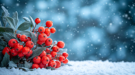 Winter background with rowan berries and snowflakes, copy space - obrazy, fototapety, plakaty
