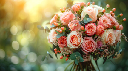 beautiful wedding bouquet of pink roses on blue background, close up