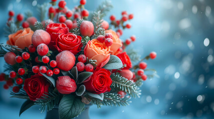 Christmas bouquet of red roses in vase on blue bokeh background