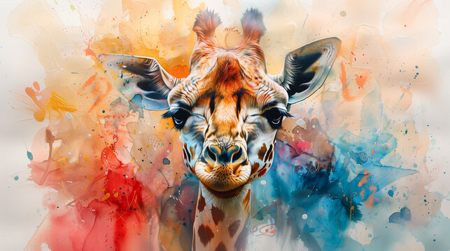 giraffe, abstract watercolor background with painting
