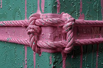 A close-up view of a plush pink ring-shaped door handle attached to a vibrant green door, embodying a sense of charm and allure. - Powered by Adobe