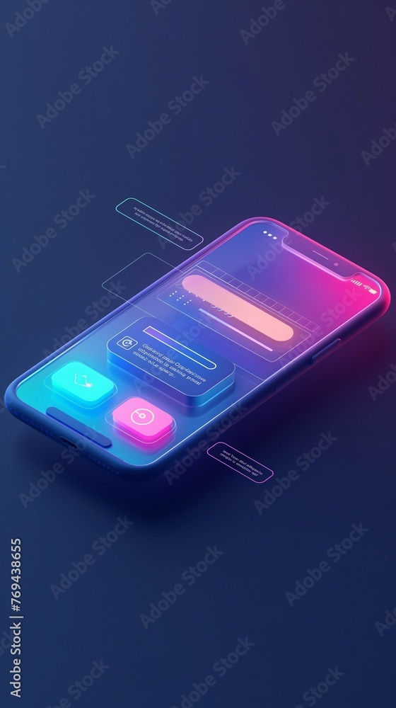 Poster a 3d isometric illustration of a smartphone with a futuristic user interface.