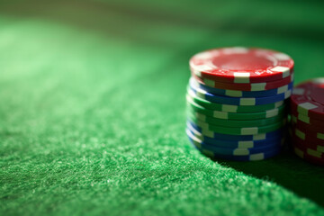 Close-up of vibrant casino chips stacked on a gambling table, colorful chip stacks background and gambler's hands. poker texas hold 'em strategy hand investment investment pot