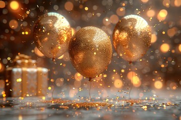 Gold festive balloons 13 year anniversary with golden confetti, presents, mirror ball and stars fly on a beige background with bokeh lights and sparks. 