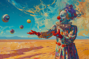 Encounter a vibrant, Cubist-Minimalist interpretation of a clown juggling distorted, wavy, and vorticist orbs, while standing in a bird's eye view of a desolate, minimalist desert landscape.