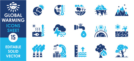 Climate change icon set. Containing global warming, greenhouse, melting ice and so on. Flat global warming icons set.