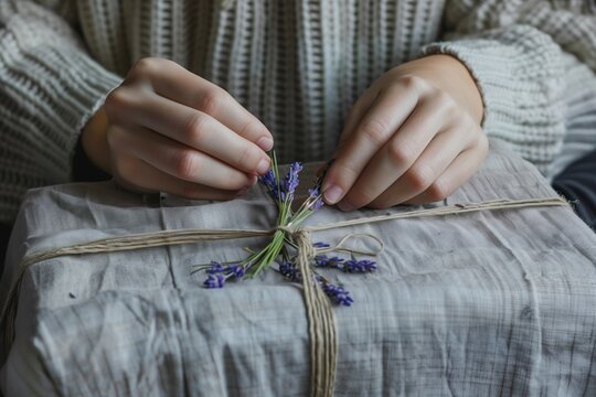 young adult attaching sprigs of lavender to a linenwrapped present