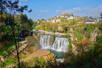 Pliva Waterfall in Jajce, Bosnia and Herzegovina. Holidays and travel. Water. Vibrant colors....
