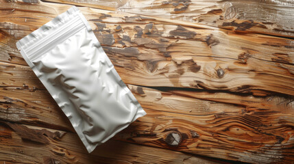 A white plastic bag sits on a wooden table. The bag is empty and has a zipper on the top. The wooden table is old and has a rustic feel to it. The scene is simple and uncluttered