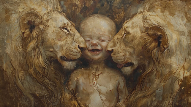A painting of a baby and two lions kissing