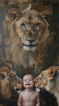 A painting of a baby and two lions