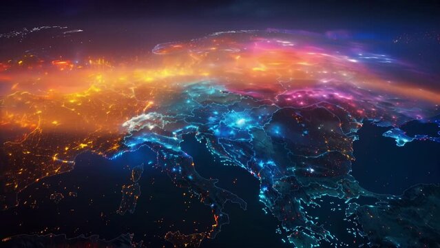 An interactive map animation showcasing the earth from space during the night, displaying city lights and continents in the darkness.