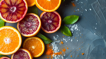 A close up of oranges and a leaf on a table. The oranges are cut in half and arranged in a row