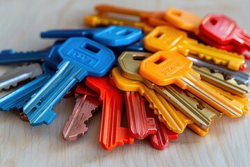 Colorful Collection of Various Keys Displayed on Wooden Surface with Solid Background