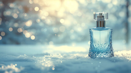 A bottle of perfume is sitting on a snowy surface. The bottle is blue and has a clear top. The scene is serene and peaceful, with the snow creating a calm atmosphere - obrazy, fototapety, plakaty