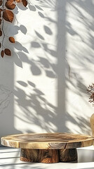 A wooden table with a shadow on the wall behind it