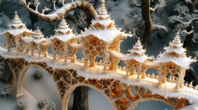 A bridge made of snow and wood with a lot of detail. The bridge is very long and has many small buildings on it. Scene is whimsical and imaginative