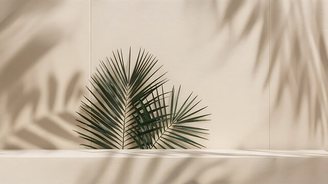 A Minimalistic and serene photo of a softly blurred shadow from palm leaves on light cream wall. Generative AI