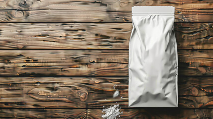 A white bag is sitting on a wooden table. The bag is empty and has a zipper on it - obrazy, fototapety, plakaty