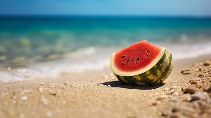 Watermelon on Beach Background. Generative AI