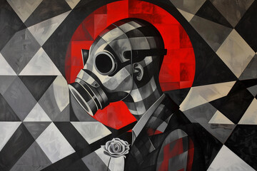 A cubist-minimalist portrait of a masked figure in a red and grey room. The figure wears a gas mask...