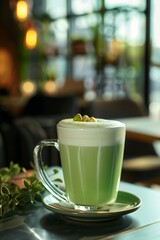 Pistachio Milk Latte in a Modern Cafe Setting