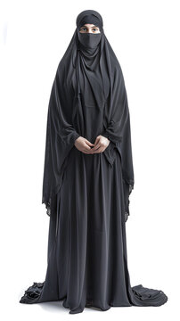 Full body photo of a Saudi woman wearing black burqa  isolated on white background