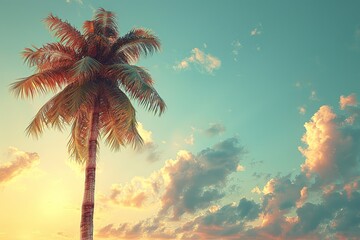 Fototapeta na wymiar Golden tropical sunset with dark silhouette of coconut palm tree. Trendy vintage toned summer travel background