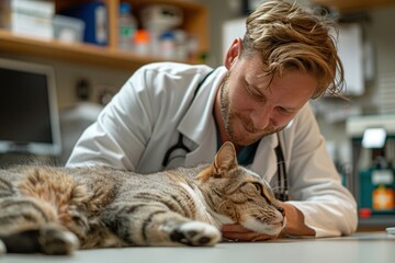 Focused vet petting a tabby cat on a table in a veterinary clinic